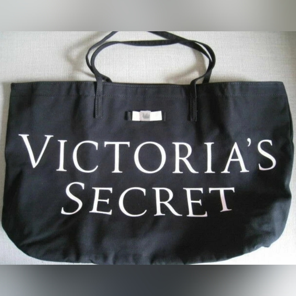 VS Victoria's Secret Black Canvas Tote Bag w Pink Logo Tote Overnight Gym Bag